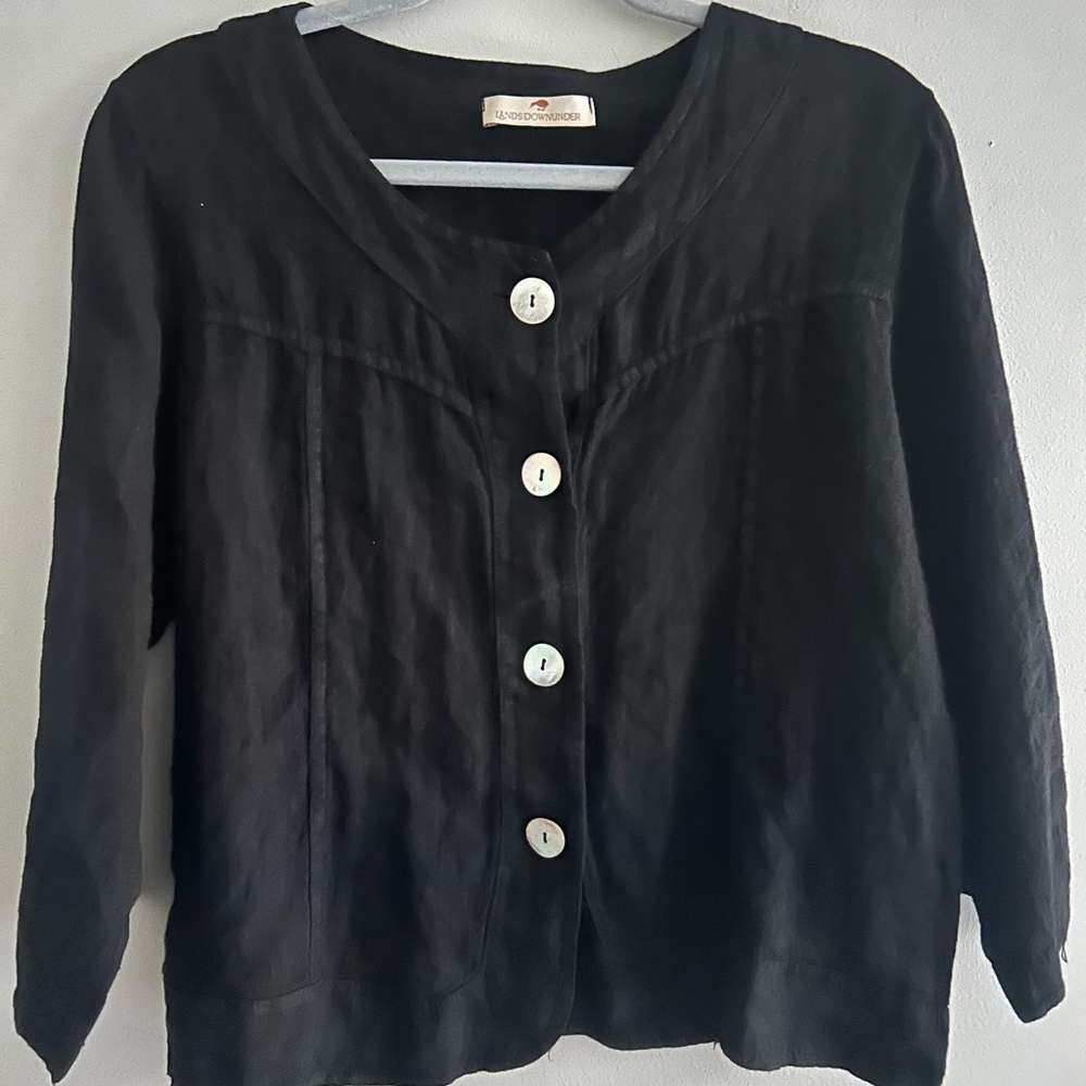 Lands Downunder Black 100% Linen Made in Italy 3/4 Sleeve Shirt Sz L Large